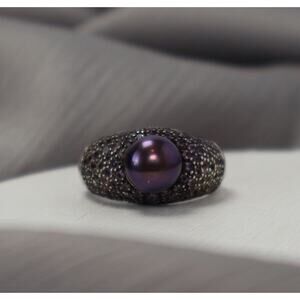 NF Sterling Silver Purple Pearl & Purple Stones Round Ring 6.40G / Sz 6